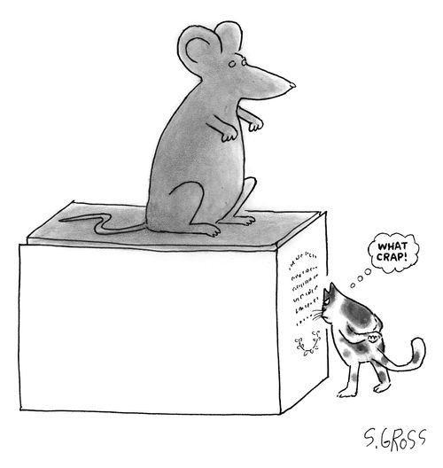 A cat reads an inscription on a mouse statue and thinks, "What crap!"
