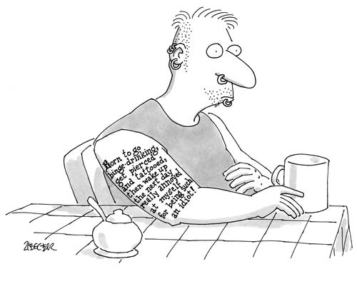 Long tattoo on arm of man drinking coffee reads, "Born to go binge-drinking, get pierced and tattooed, then wake up the next day really annoyed at myself for being such an idiot!"