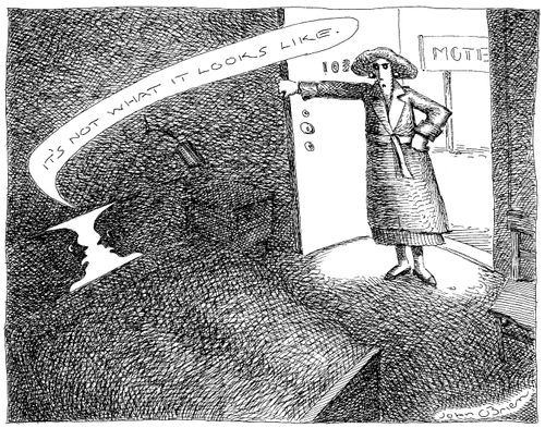 A woman enters a motel room and confronts silhouettes of two faces in bed. One is saying "It's not what it looks like." The outline of the two faces also forms a vase; famous "optical illusion."