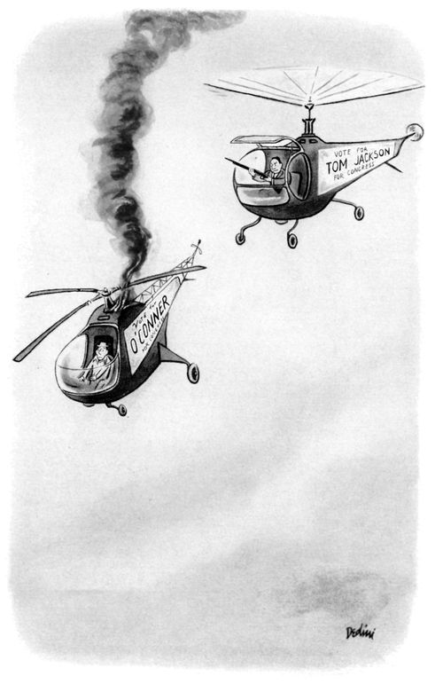 A helicopter campaign for a political candidate is shot down by a helicopter campaigning for a rival candidate.