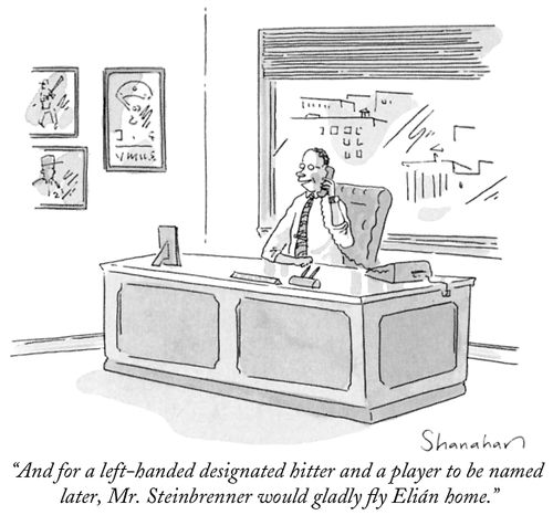 "And for a left-handed designated hitter and a player to be named later, Mr. Steinbrenner would gladly fly Elián home."