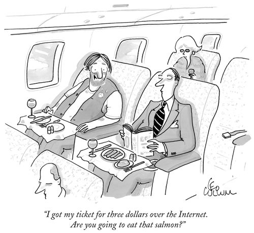 "I got my ticket for three dollars over the Internet. Are you going to eat that salmon?"