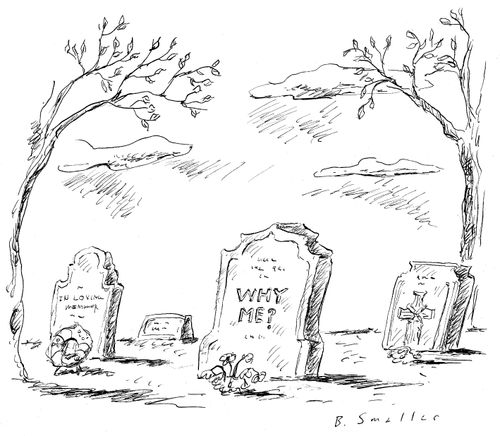 Tombstone in a cemetery with a epitaph that reads "Why me?"