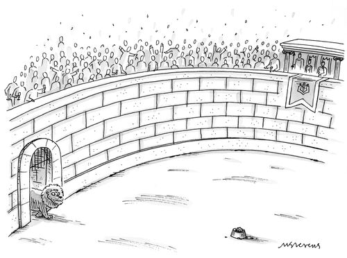 A lion walks into a Colosseum arena where a dish of food is waiting.