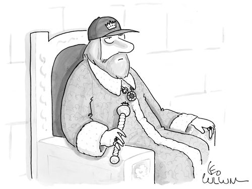 A king sits wearing a baseball cap with a crown logo.