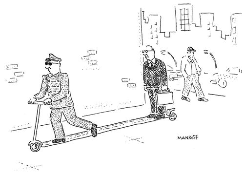 A businessman is chauffeured on a stretch scooter. 