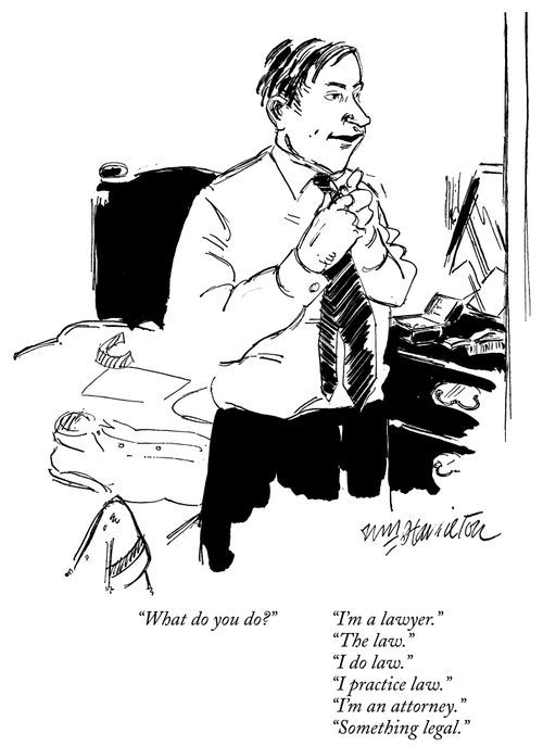 "What do you do?""I'm a layer. The law. I do law. I practice law. I'm an attorney. Something legal."