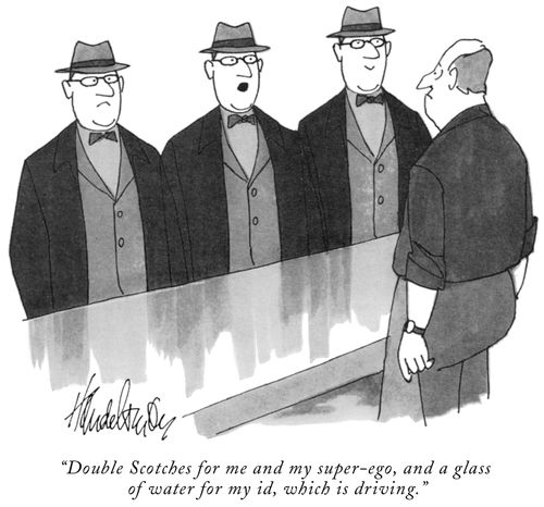 "Double Scotches for me and my super-ego, and a glass of water for my id, which is driving."
