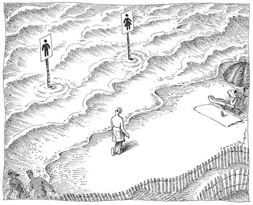 Male and female toilet signs in the ocean.