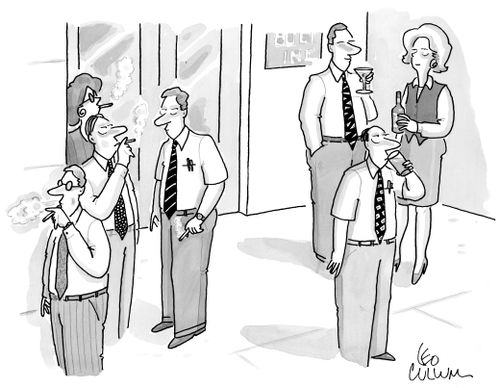 A group of business people stand outside smoking and drinking.