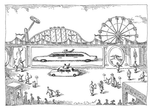 A small car is stretched in a funhouse mirror into a limousine.