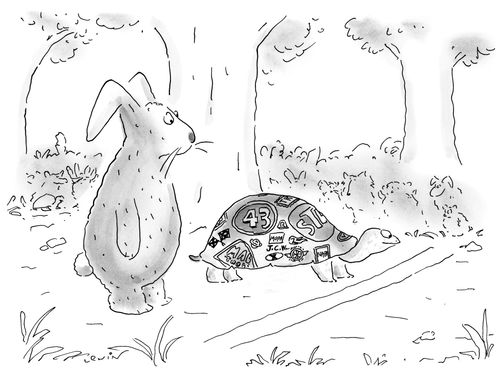 Tortoise and the hare stand at a starting line; the hare is looking at the tortoise's shell which is covered in endorsement stickers like a race car.