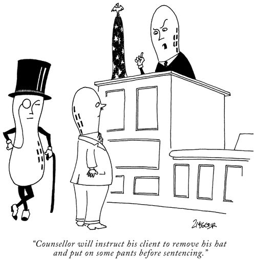 "Counsellor will instruct his client to remove his hat and put on some pants before sentencing."