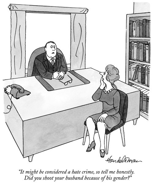 "It might be considered a hate crime, so tell me honestly. Did you shoot your husband because of his gender?"