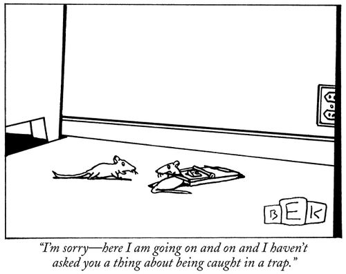 "I'm sorry – here I am going on and on and I haven't asked you a thing about being caught in a trap."