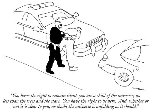 "You have the right to remain silent, you are a child of the universe, no less than the trees and the stars. You have the right to be here. And, whether or not it is clear to you, no doubt the universe is unfolding as it should."