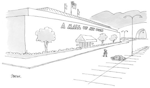A woman walks into a large building with a sign that reads "A mall of my own".