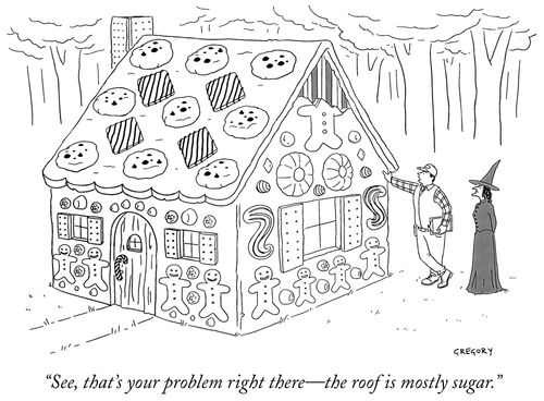 "See, that's your problem right there - the roof is mostly sugar."