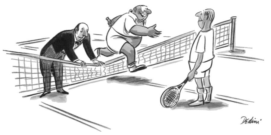 A butler holds down a tennis net so his master can more easily jump over it to shake the hand of his opponent.