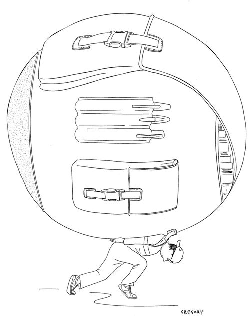 A teenager is bent double under a globe-shaped school bag.