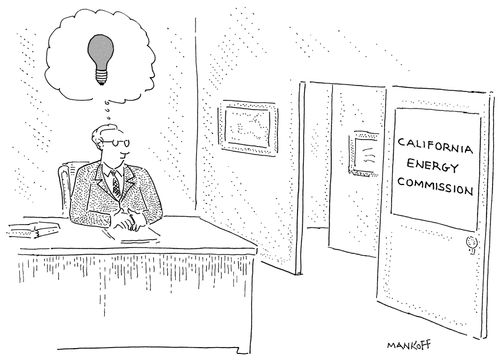Man sitting at desk with burned out light bulb in thought balloon over his head; the sign on the door reads "California Energy Commission".