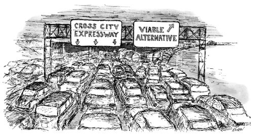 A crowded expressway with two signs; one reads "Cross City Expressway" the other reads "Viable Alternative".