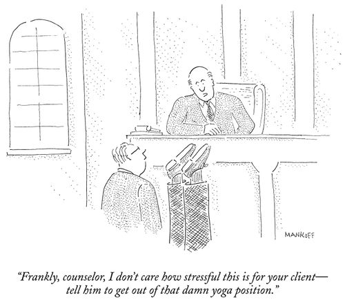 "Frankly, counselor, I don't care how stressful this is for your client—tell him to get out of that damn yoga position."