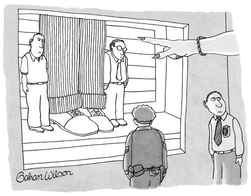 A giant hand identifies giant legs in a police line-up.