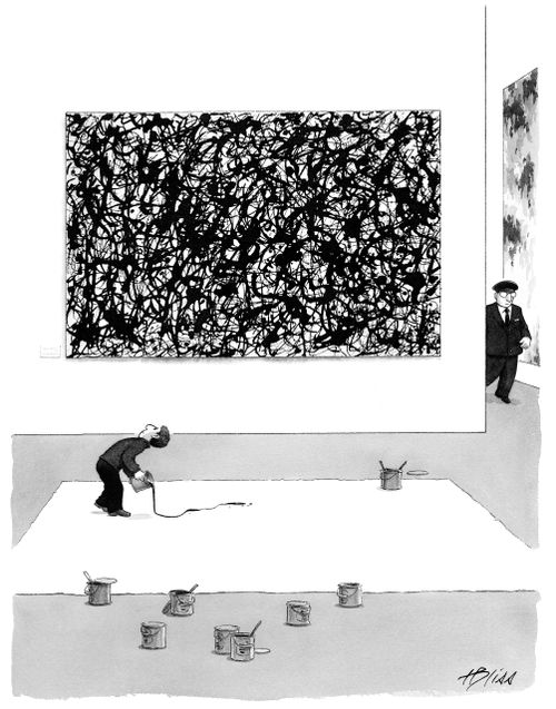 Boy copying abstract artwork in an art gallery.