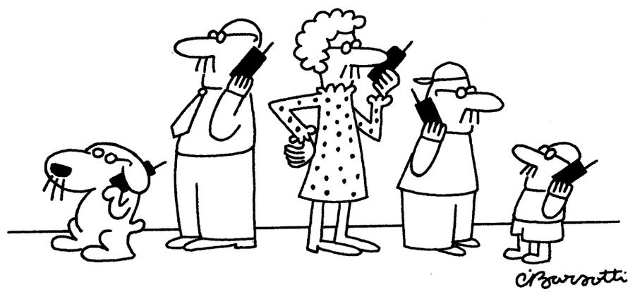 A family with mustaches talking on their cellphones.