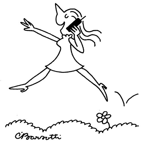 Woman skipping along on phone.