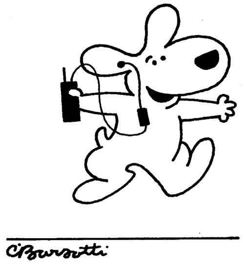 A dancing dog listening to an mp3 player using earphones.