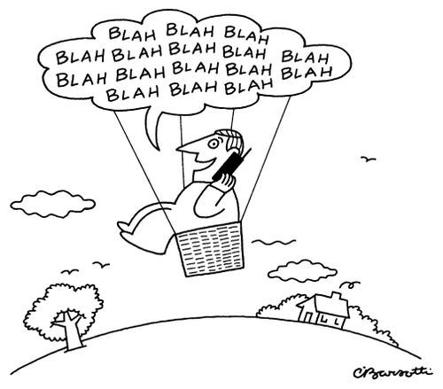 A man talking on a phone while floating through the air using his speech bubble.