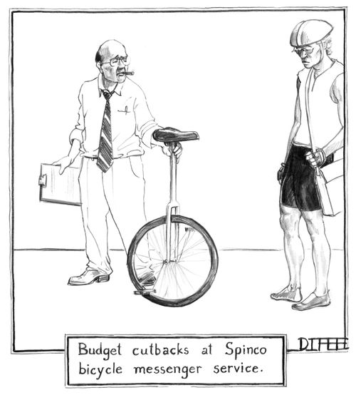 Budget cutbacks at Spinco bicycle messenger service.