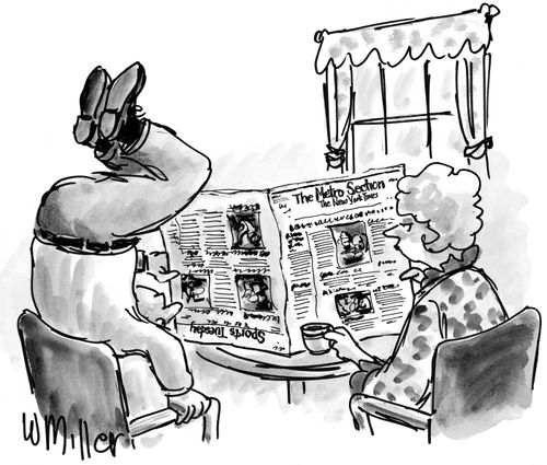Reading the sports pages.