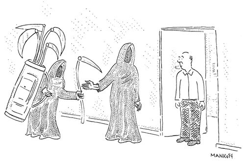 Grim Reaper's caddy hands him the correct scythe from a golf bag of different scythes