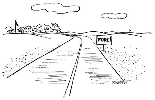 A road running through a golf course with a sign beside it that reads "Fore!".