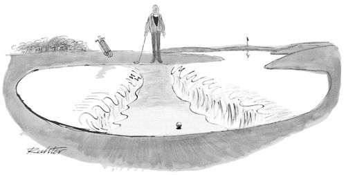 A golfer parts a water hazard, like Moses parted the Red Sea, in order to reach his golf ball.