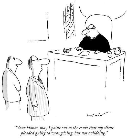"Your Honor, may I point out to the court that my client pleased guilty to wrongdoing, but not the evildoing."