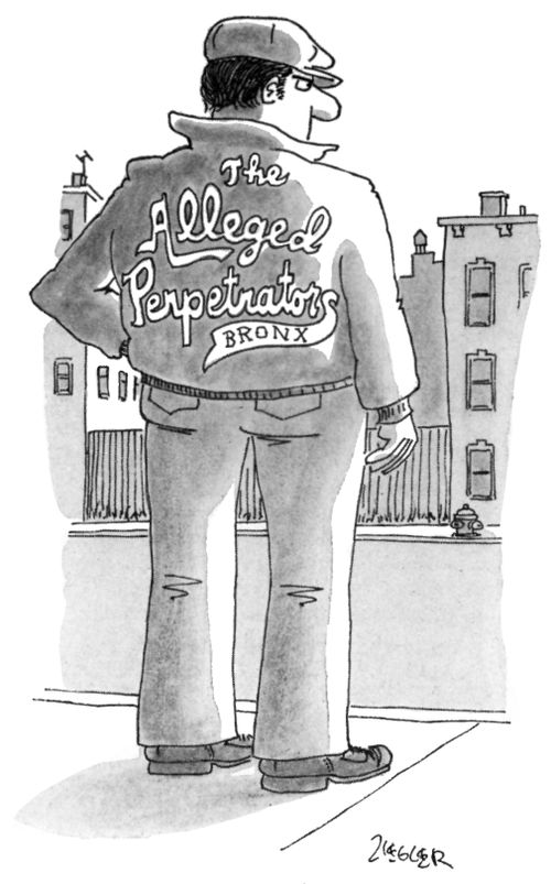 A man wears a jacket embroidered with the words "The Alleged Perpetrator - Bronx".