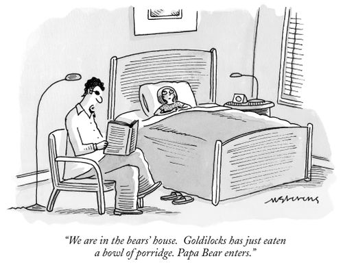 "We are in the bear's house. Goldilocks has just eaten a bowl of porridge. Papa Bear enters."