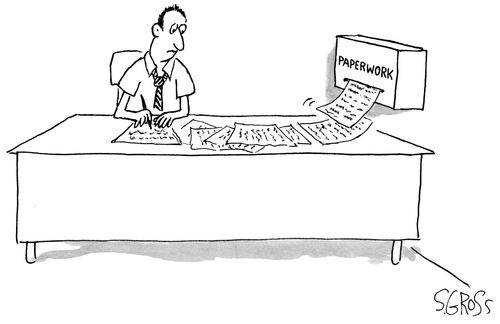A paperwork machine spews endless paperwork