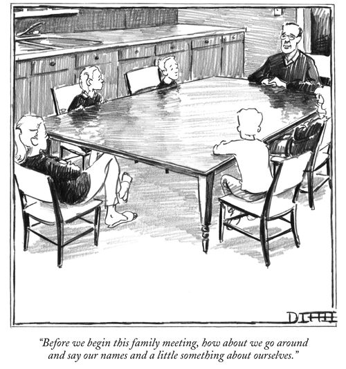 "Before we begin this family meeting, how about we go around and say our names and a little something about ourselves."