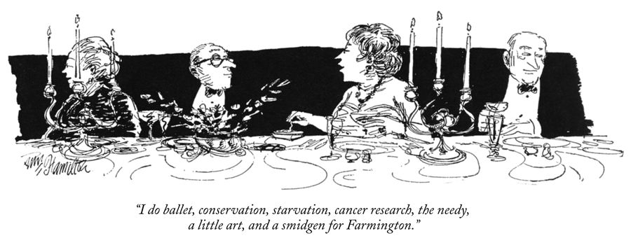 "I do ballet, conservation, starvation, cancer research, the needy, a little art, and a smidgen for Farmington."
