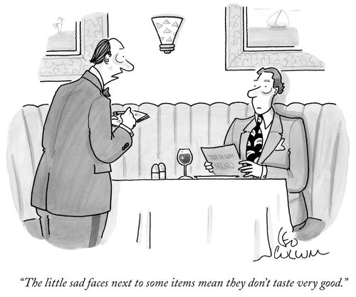 "The little sad faces next to some items mean they don't taste very good."