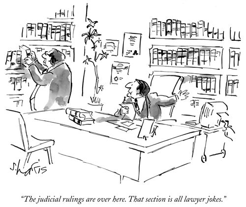 "The judicial rulings are over here. That section is all lawyer jokes."