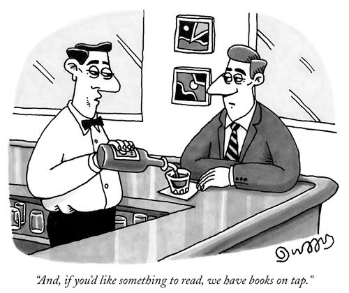 "And, if you'd like something to read, we have books on tap."