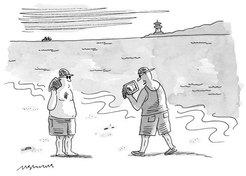 A man listens to a conch and another watches the game