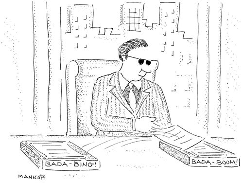 A gangster moves papers from the 'bada-bing' box to the 'bada-boom' box.