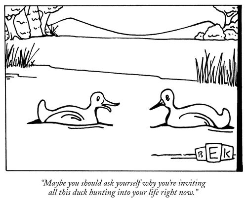 "Maybe you should ask yourself why you're inviting all this duck hunting into your life right now."